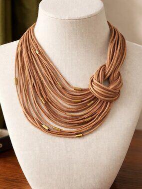 Multi-Strand Tan Knot Statement Necklace with Gold Accents